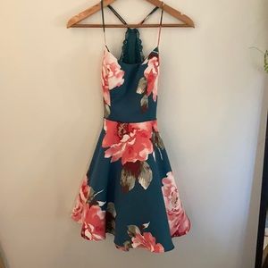 Emerald Green Floral Print Homecoming Dress